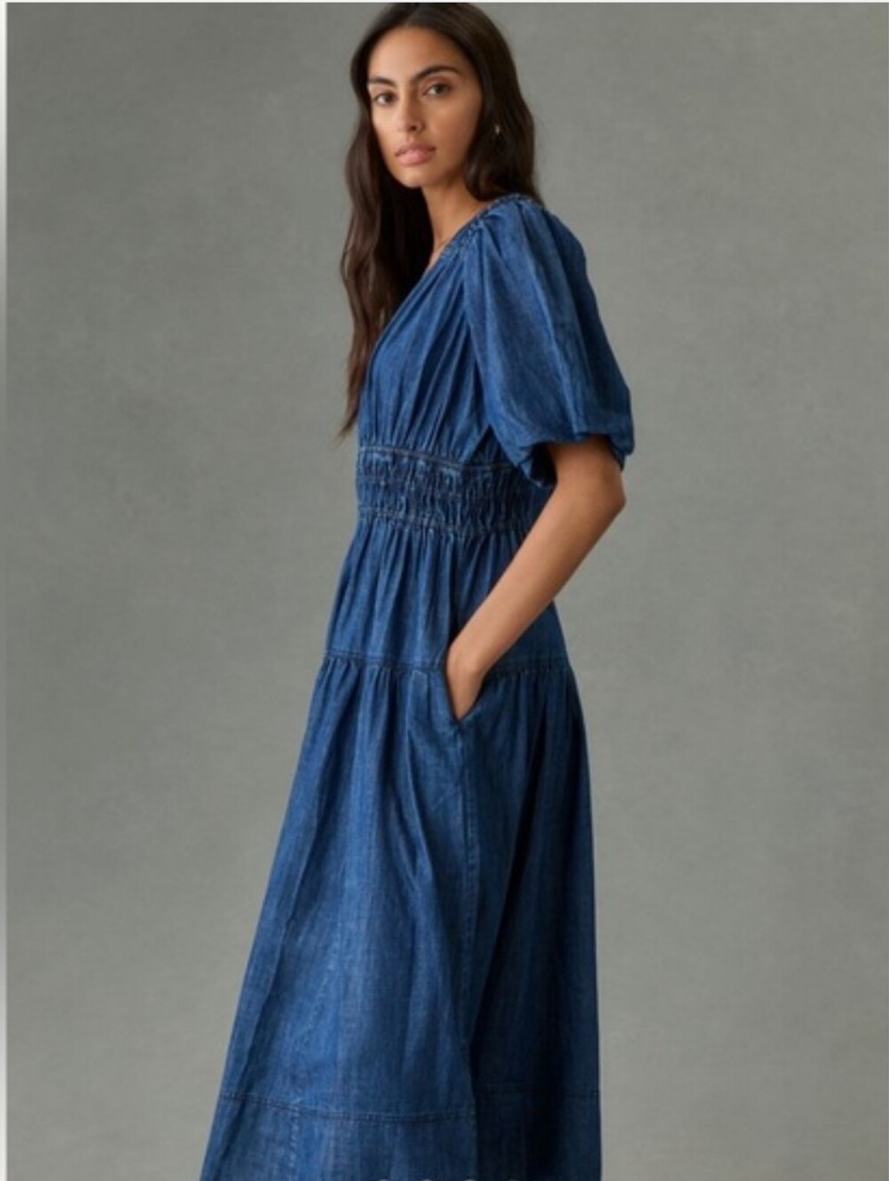 Anthropologie Pilcro Smocked Puffed sleeve Denim Midi Dress Women's XS - Picture 3 of 13